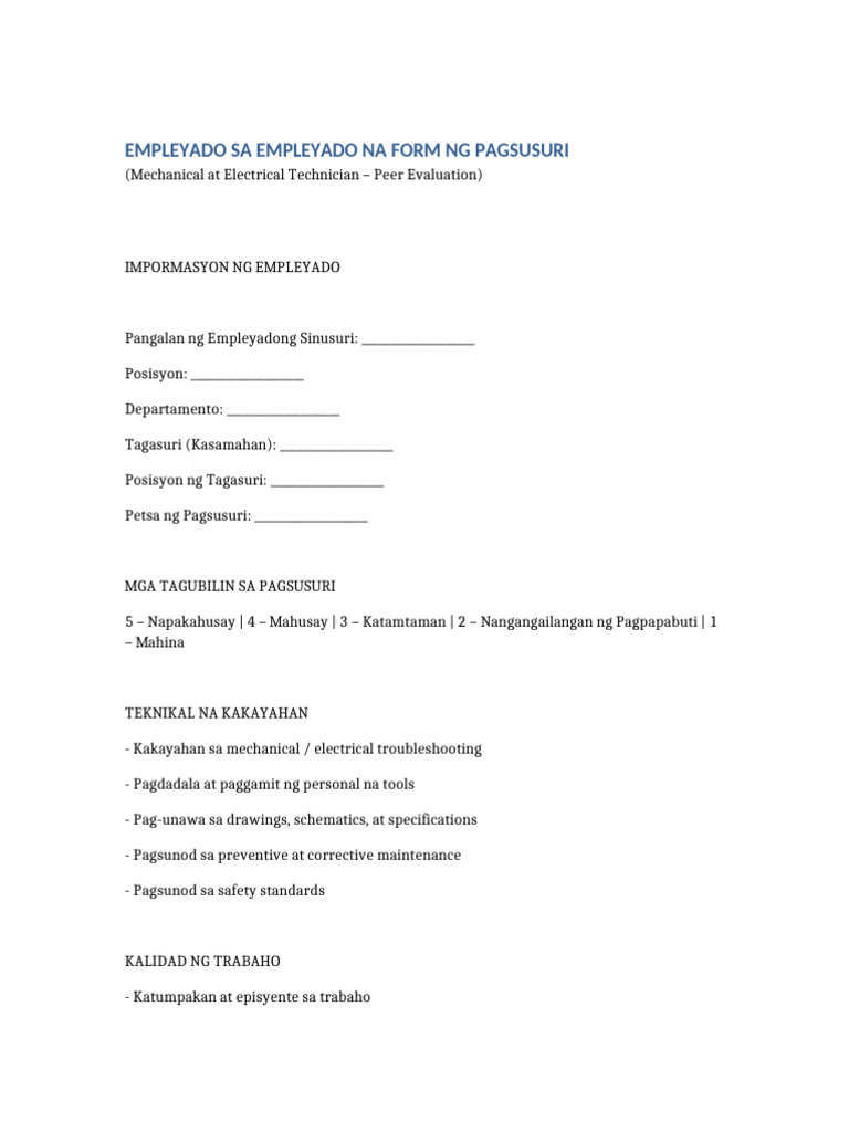Peer Evaluation Form Tagalog Mech Elec | PDF