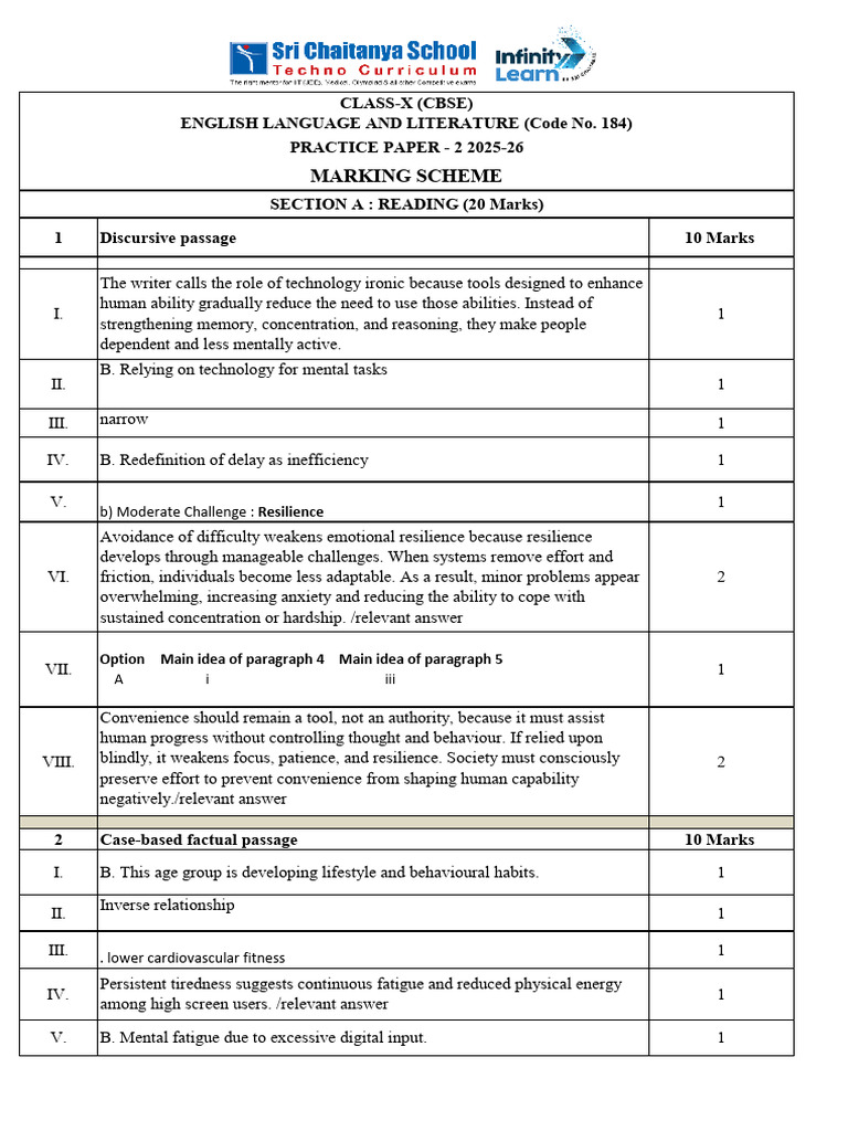CBSE English Class X Practice Paper - 2 KEY 2025-26 | PDF ...