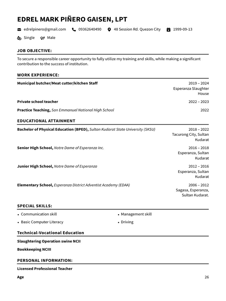 Edrel Mark Piñero Gaisen, LPT Flowcv Resume | PDF | Intelligence