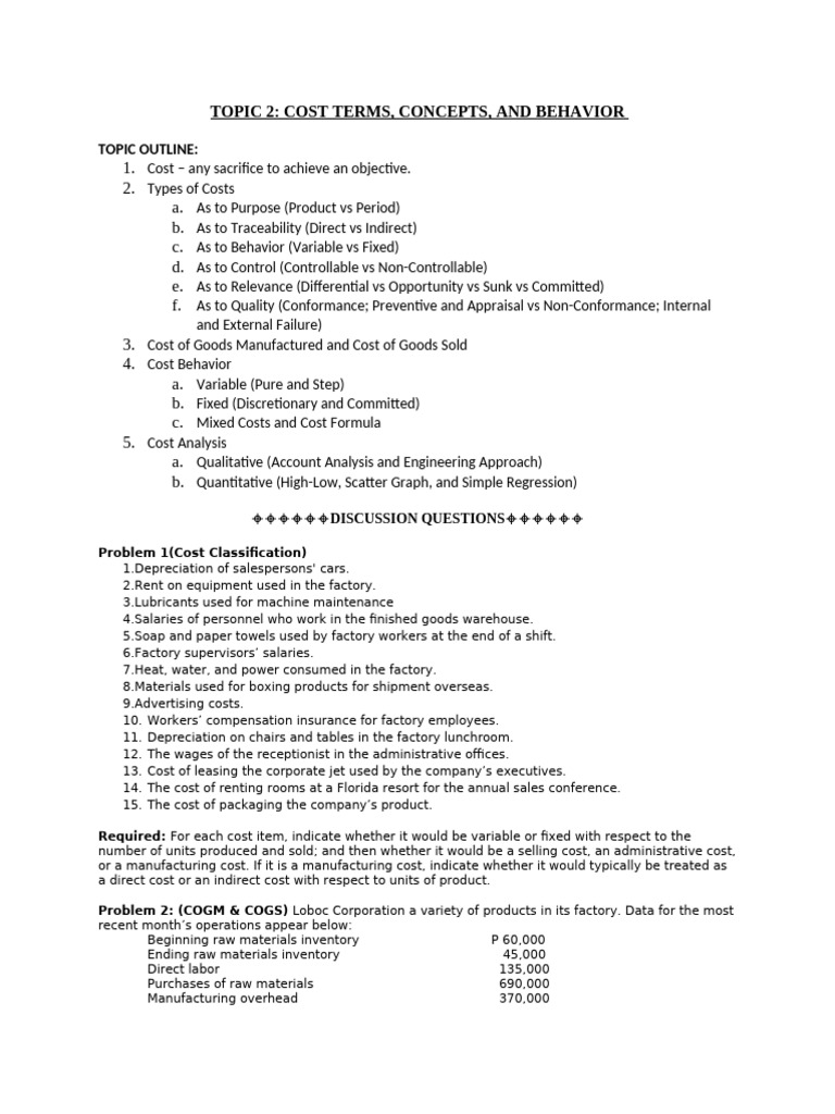Topic 2 Cost Concepts and Analysis Handouts | PDF | Cost Of Goods Sold ...
