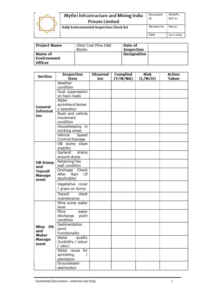 Environmental Inspection Check List | PDF | Waste | Natural Environment