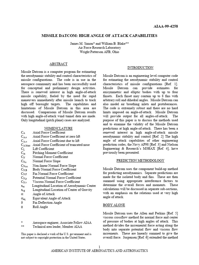 Missile Datcom High Angle | PDF | Drag (Physics) | Force