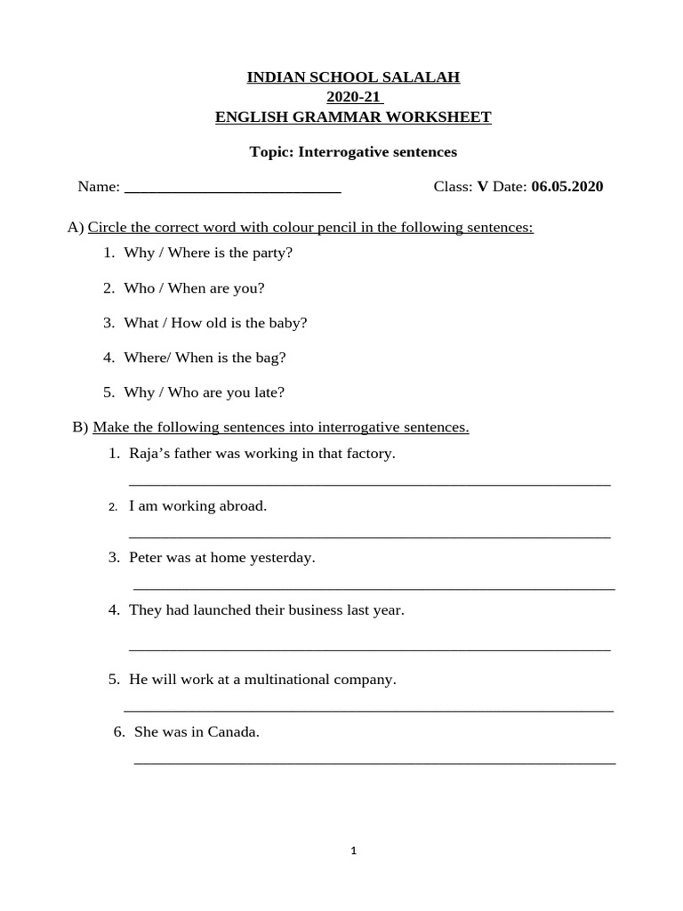 6.5.20 Interrogative Sentences Worksheet | PDF