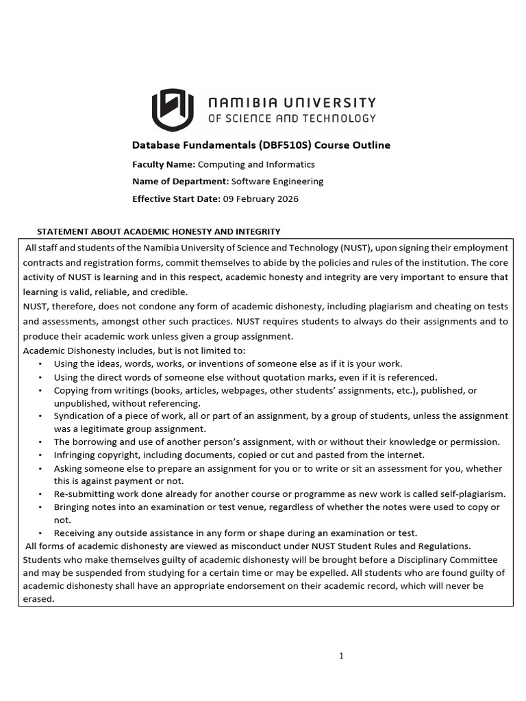 Database Fundamentals DBF501S Course Outline 2026 | PDF | Databases ...