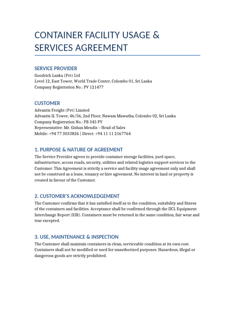 Container Facility Agreement Goodrich Advantis | PDF | Indemnity | Lease