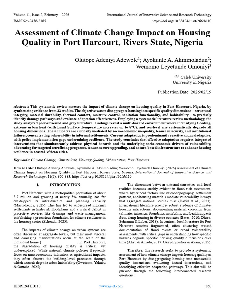 Assessment of Climate Change Impact On Housing Quality in Port Harcourt ...