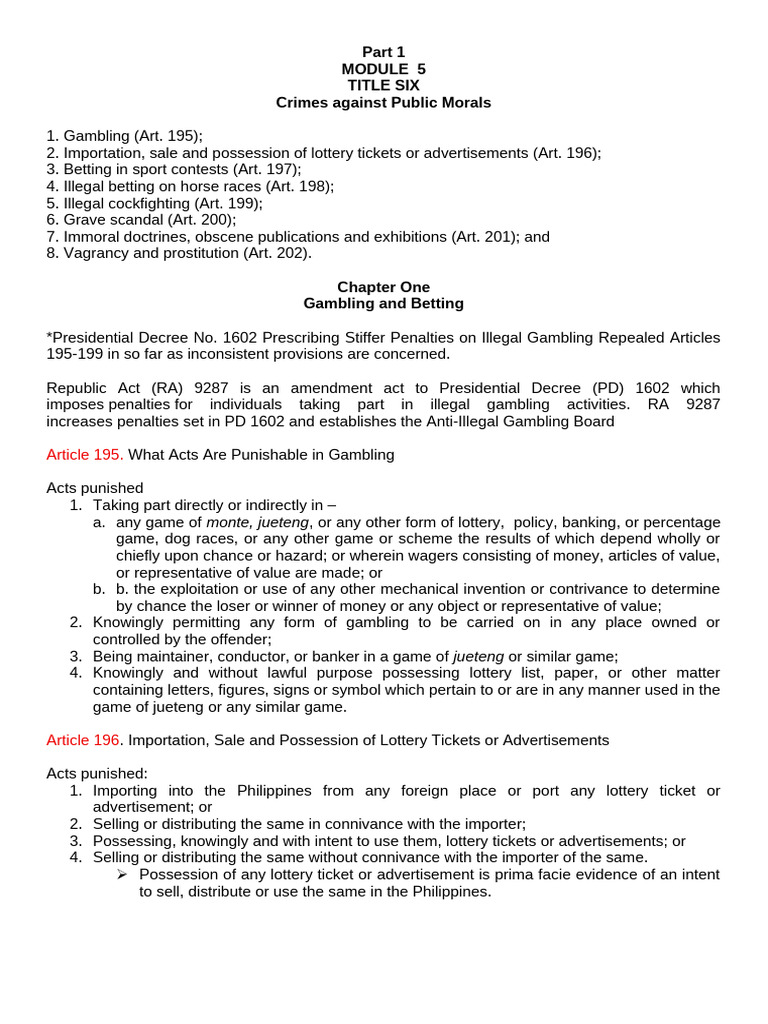 Article 195-202 Crimes Against Public Morals | PDF | Gambling | Justice