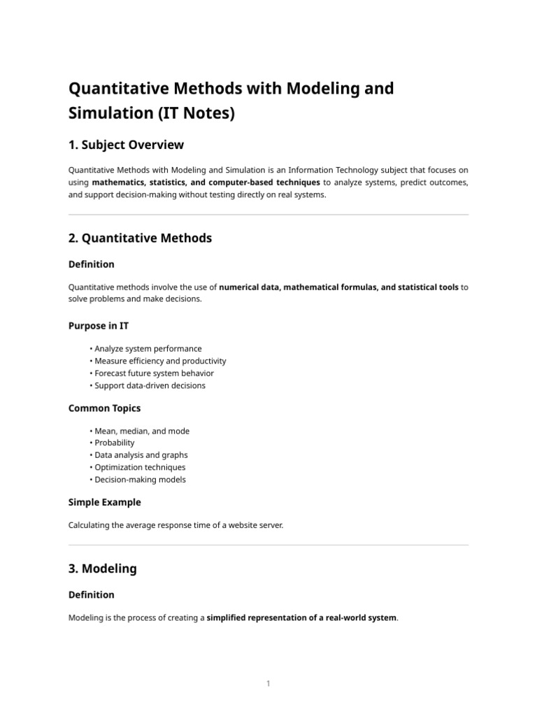 It Quantitative Methods With Modeling and Simulation - Notes | PDF ...