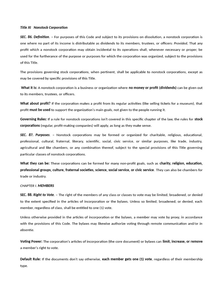 Non-Stock Corp (Sec. 86) To Religious Societes (Sec. 114) . | PDF ...