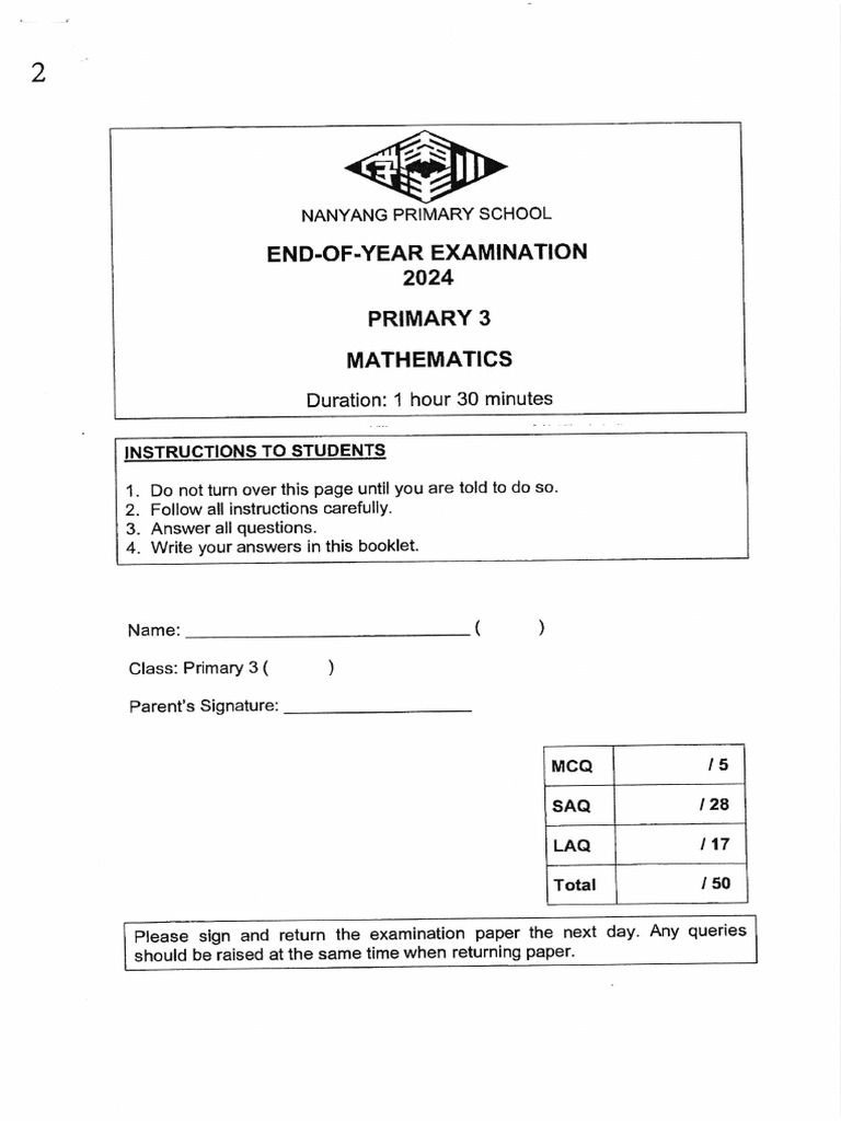 2024 P3 Maths EOY With Answer | PDF