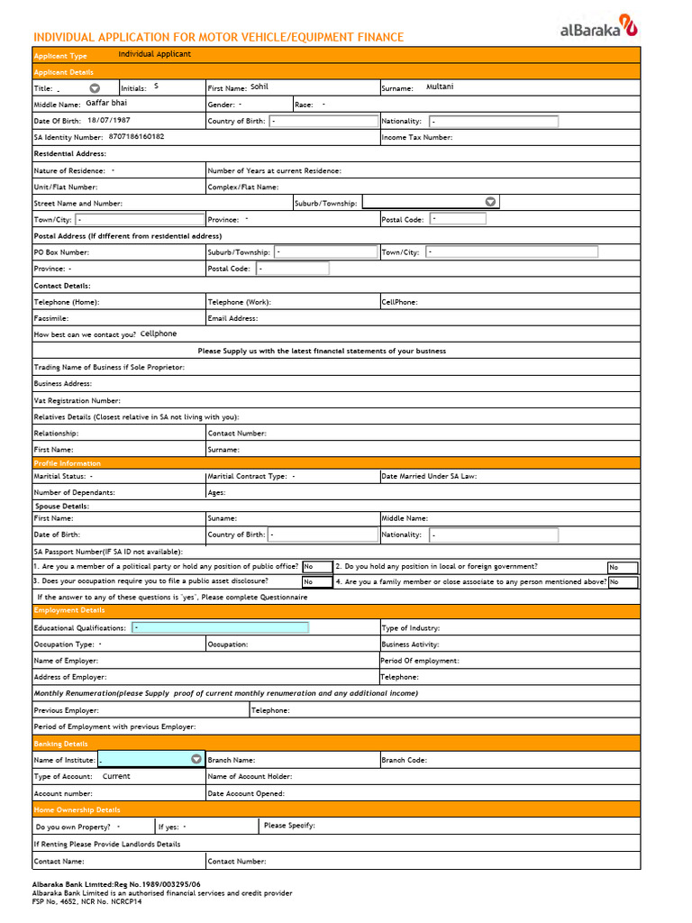 Application E-Form - Motor Vehicle and Albaraka | PDF | Renting | Banks