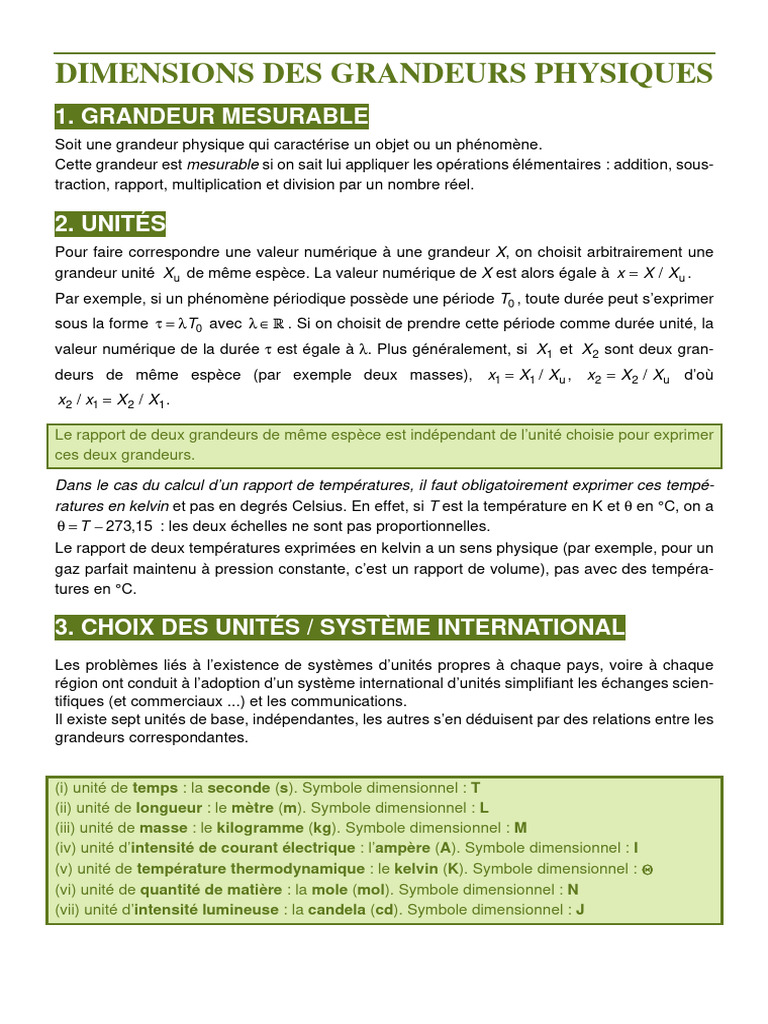 Cours Dimensions Grandeurs Physiques | PDF | Kilogramme | Mètre