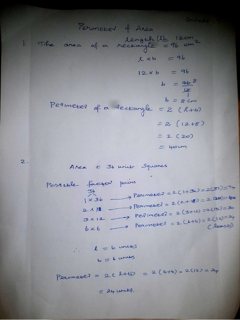 Grade 7 Perimeter and Area Answer Key | PDF