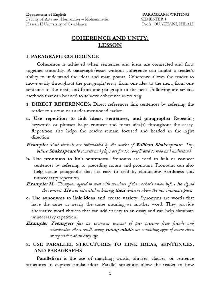 6 - Paragraph Coherence and Unity - Lesson | PDF | Linguistics | Grammar