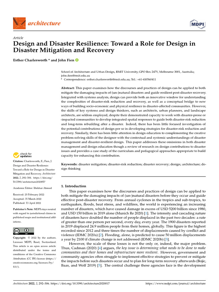 Design and Disaster Resilience: Toward A Role For Design in Disaster ...