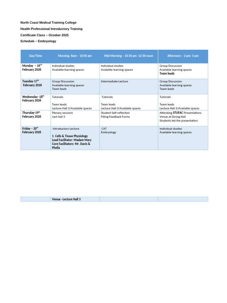 October 25-Embryology Schedule | PDF