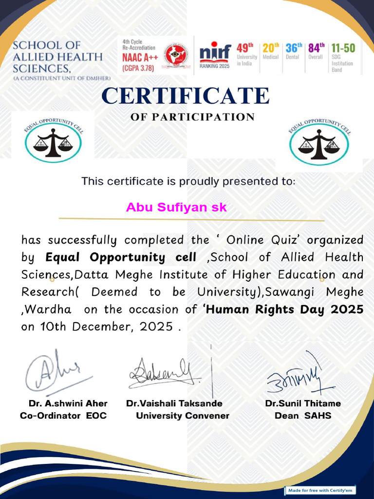 Certificate For Abu Sufiyan SK For - Human Rights Day 2025 Onlin... | PDF