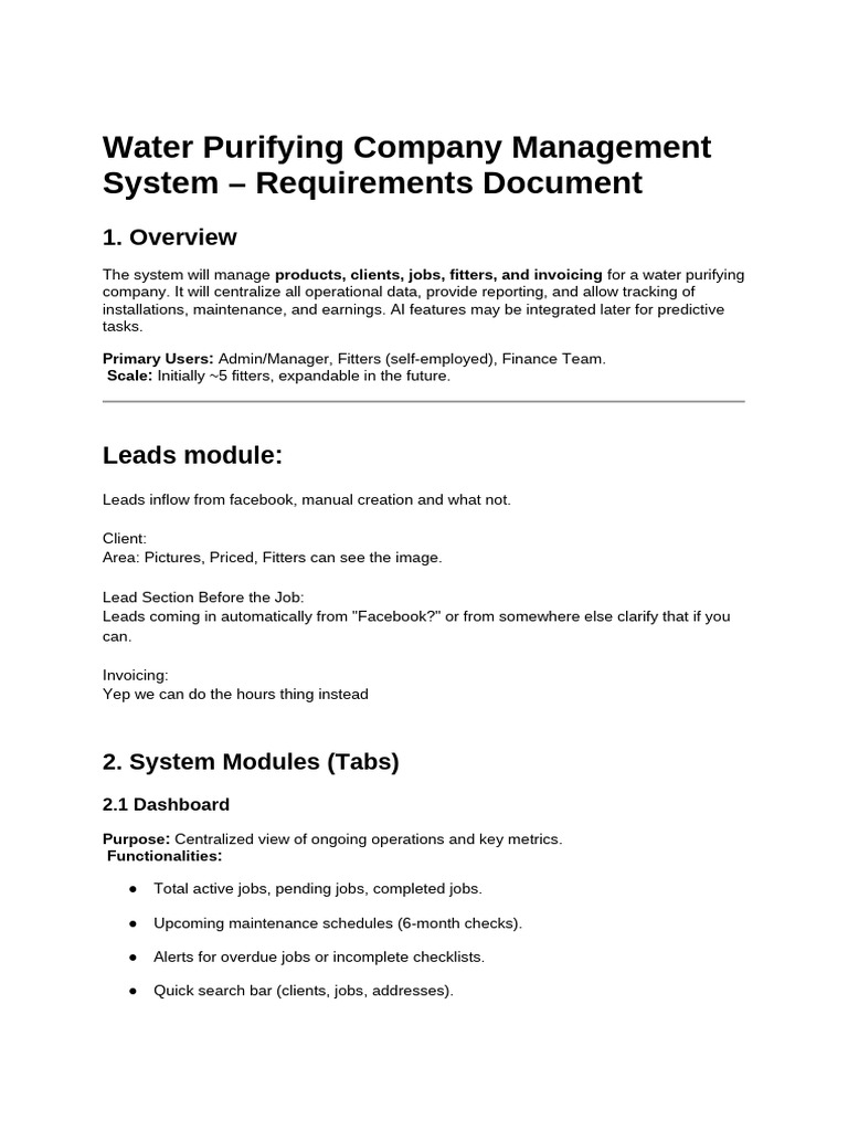 Water Purifying Company Management System - Requirements Document | PDF