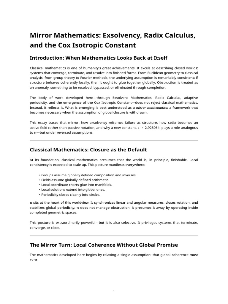 Mirror Mathematics - Exsolvency, Radix Calculus, and The Cox Isotropic ...