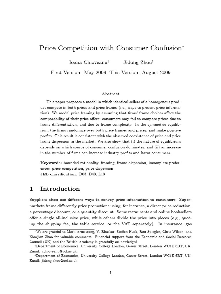 Price Competition With Consumer Confusion: Ioana Chioveanu Jidong Zhou ...