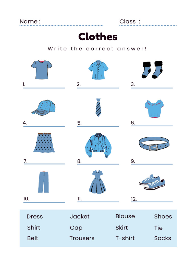Blue Illustrative Clothes Worksheet | PDF