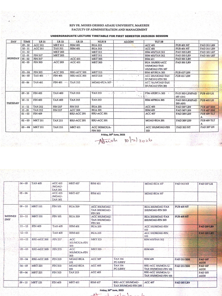 Third Adjustment 1st Sem Time Table For 2025-26 Session | PDF