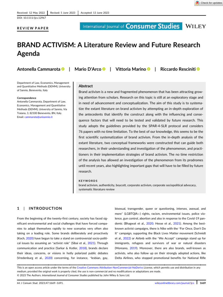 Int J Consumer Studies - 2023 - Cammarota - BRAND ACTIVISM A Literature ...
