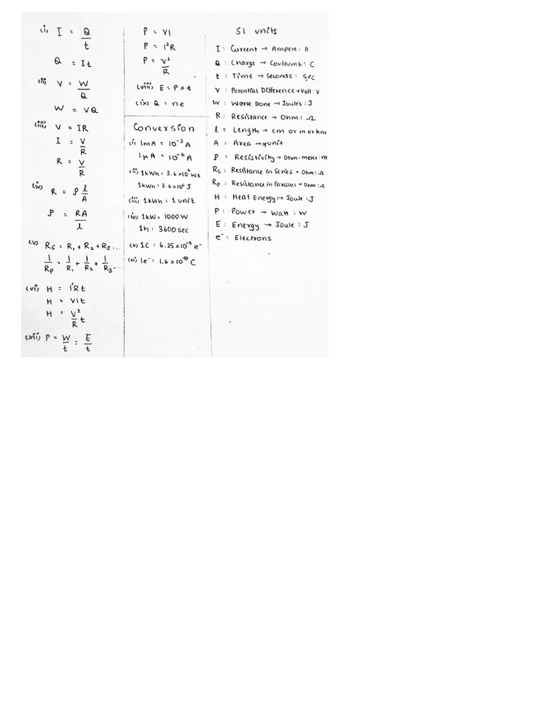Electricity Formula Sheet | PDF