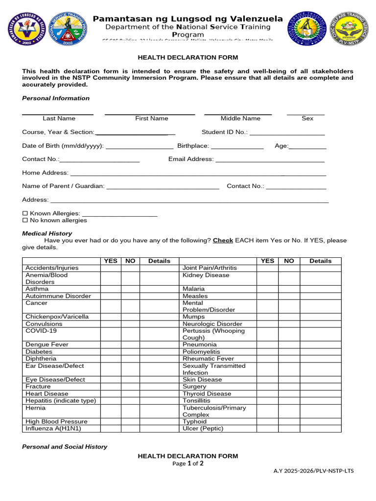 Health Declaration Form 1ST Yr | PDF | Medical Specialties | Clinical ...