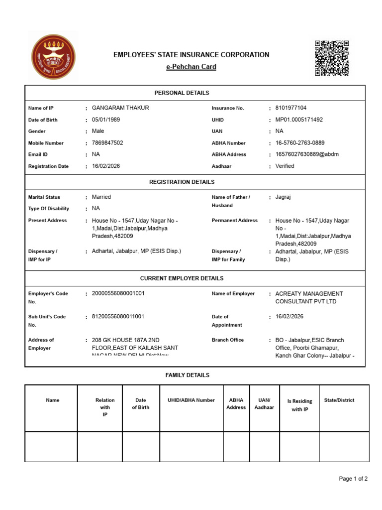 Gangaram Thakur Esi Card | PDF | Government Of India | Governance