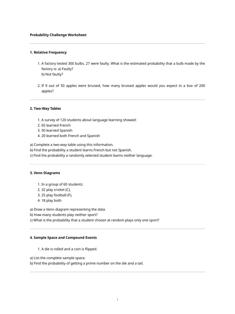 Probability Challenge Worksheet | PDF | Probability | Probability Theory