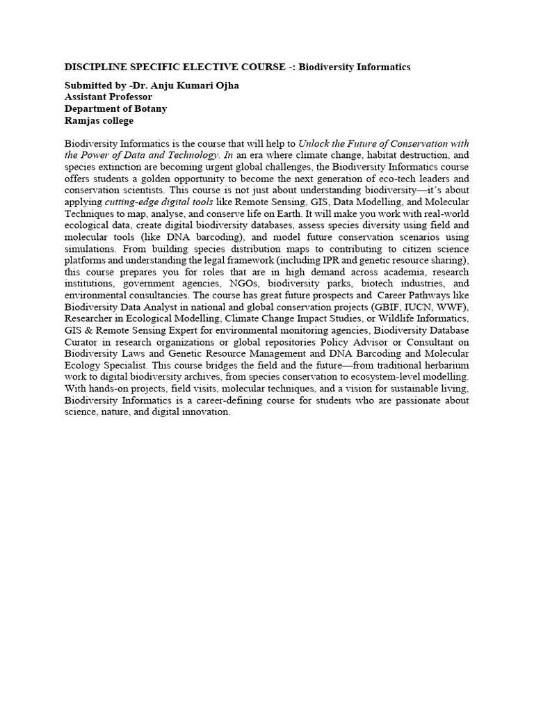 Discipline Specific Elective Course - Biodiversity Informatics | PDF