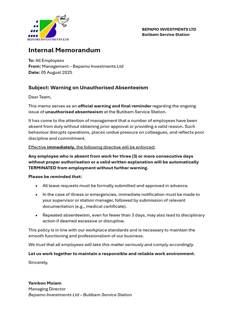 Memo - Warning On Unauthorised Absenteeism | PDF