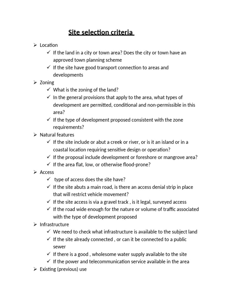 Site Selection Criteria | PDF