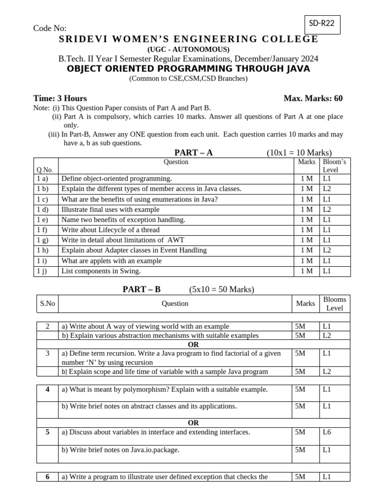 Swec SD r22 Oops Through Java Modelpaper2 | PDF | Java (Programming ...