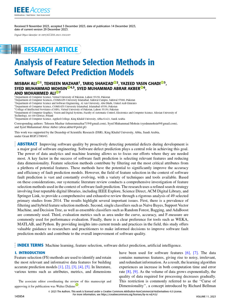 Analysis of Feature Selection Methods in Software Defect Prediction ...