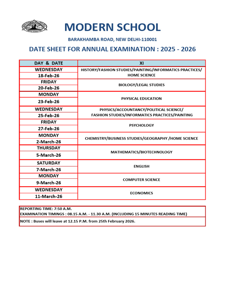 Revised Date Sheet For Class Xi Annual Examination (2025-26) | PDF