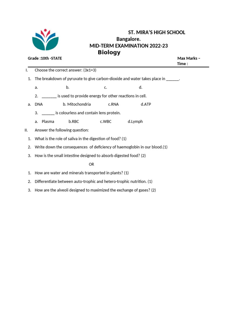 10 State Biology 2nd Set | PDF
