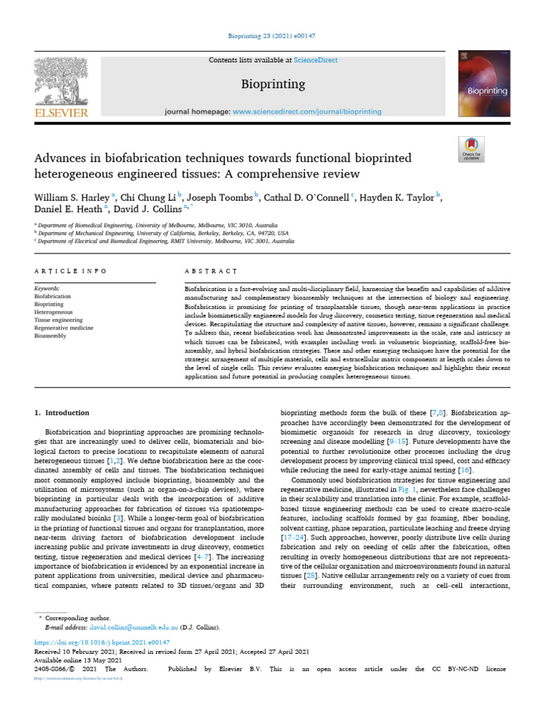 Advances in Biofabrication Techniques | PDF | Tissue Engineering | Life ...