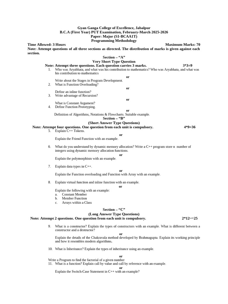 Put Bca II Major Paper | PDF | Function (Mathematics) | C++
