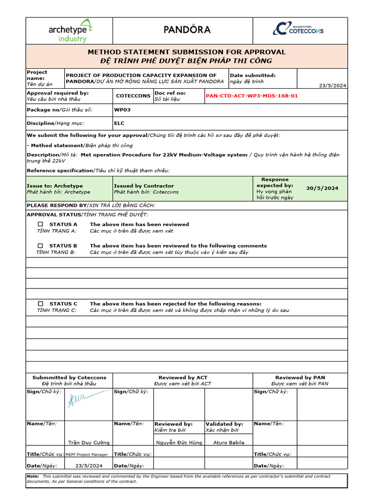 1.PAN CTD ACT WP3 MDS 168 01 Met Operation Procedure For 22kV Medium ...