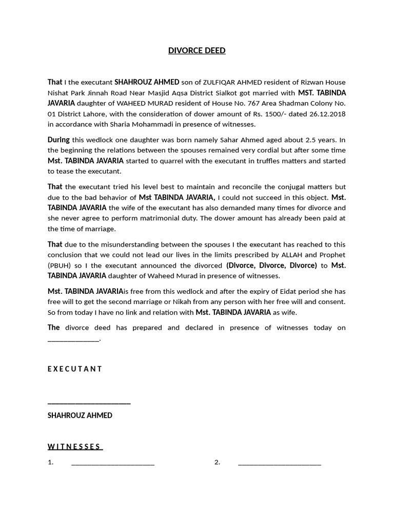 Divorce Deed Shehroz Canada | PDF
