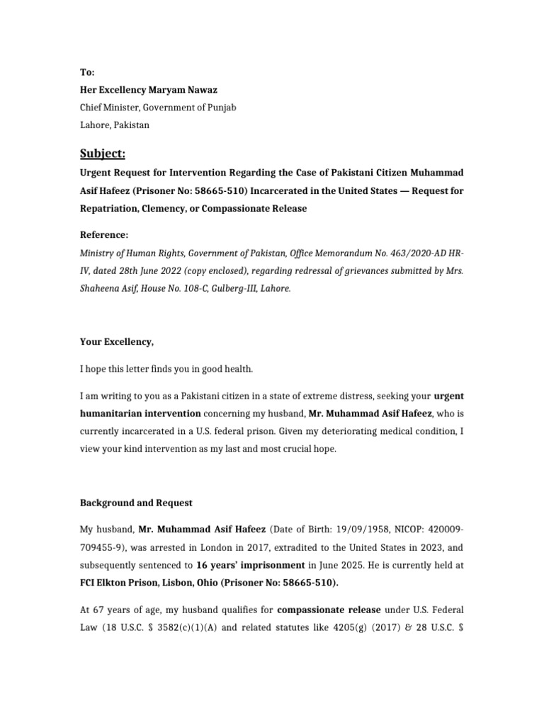 Application To CM Maryam Nawaz Repatriation Request | PDF | Justice ...