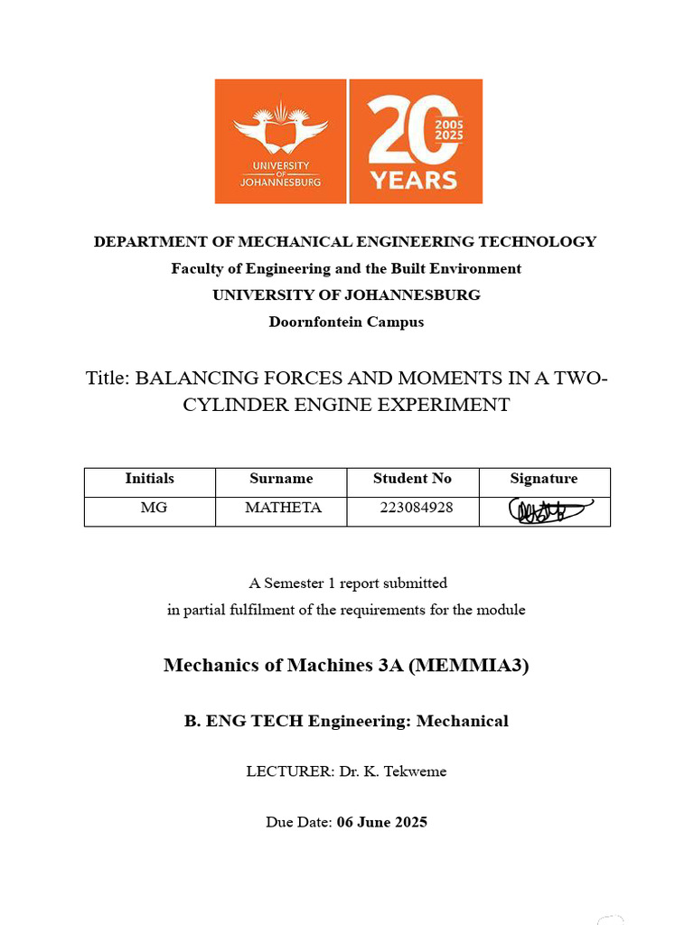 Balancing Forces and Moments in A Two-Cylinder Engine Experiment | PDF ...