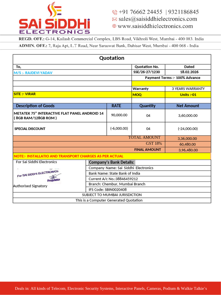 Quotation For 75 Inch Panel Rajdevi Yadav | PDF