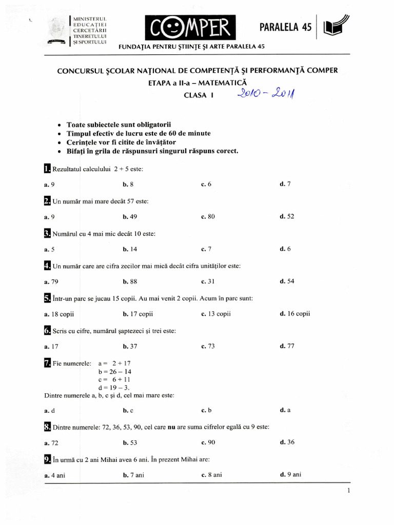 Comper Etapa II Matematica CL I 2010-2011 | PDF