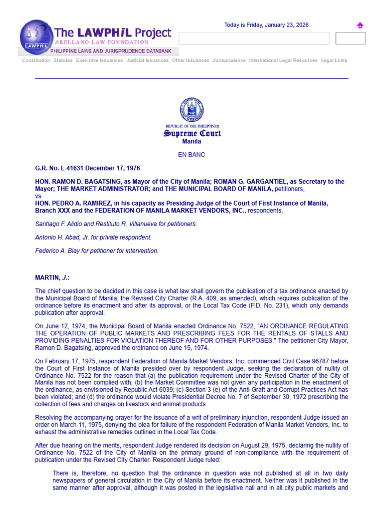 Bagatsing v. Ramirez, 74 SCRA 306 | PDF | Taxes | Local Ordinance