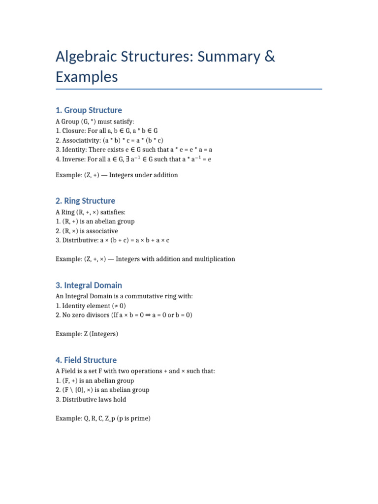 Algebraic Structures Summary | PDF