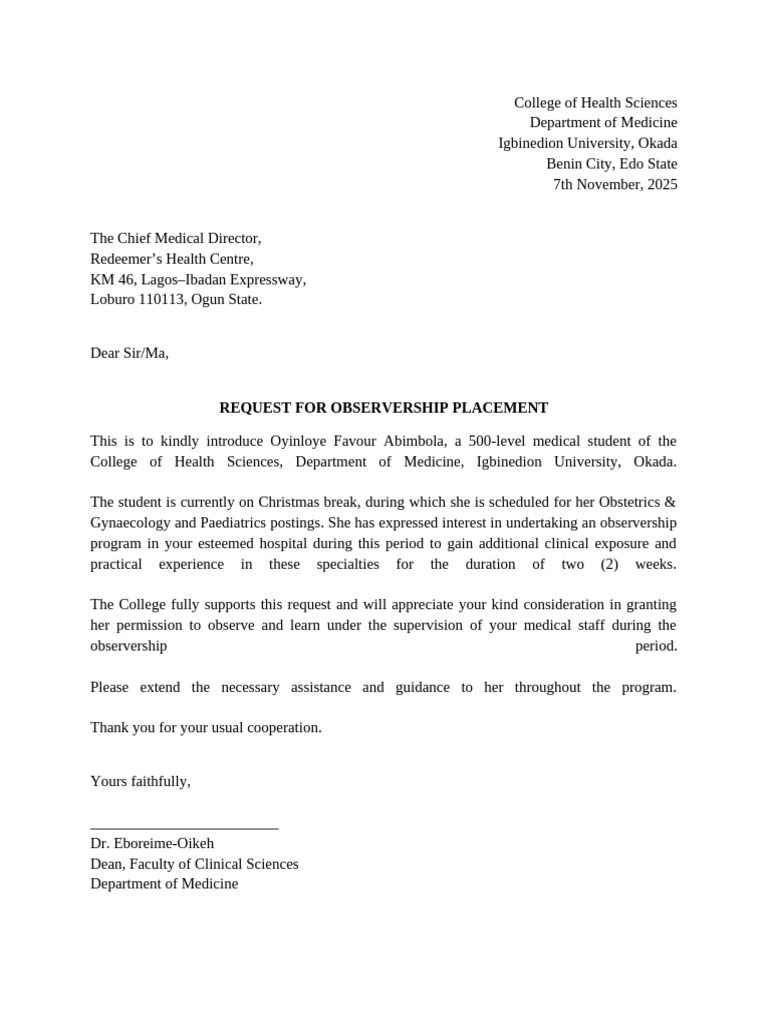 Observership Request Letter Final With Duration Oyinloye Favour ...