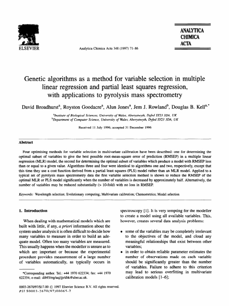 Pub 1997 (Broadhurst) Genetic Algorithms As A Method For Variable ...